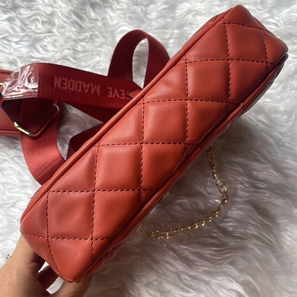 Brand New Steve Madden Quilted Stitch Orange Zip Crossbody Purse Gold Tone Chain - Picture 8 of 15